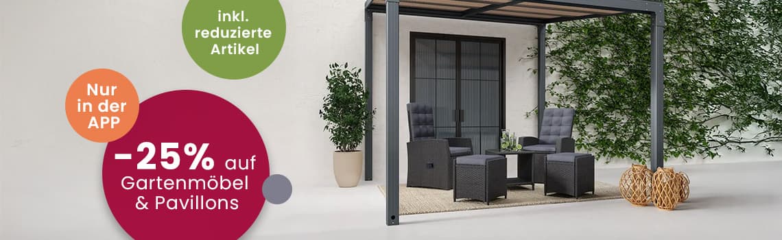 Jetzt 25 % sparen! Nur in der APP – Gartenmöbel-Set unter Pavillon, Pflanzen im Hintergrund