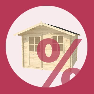 Prozentzeichen über Holzgartenhaus mit zwei Fenstern und Doppeltür