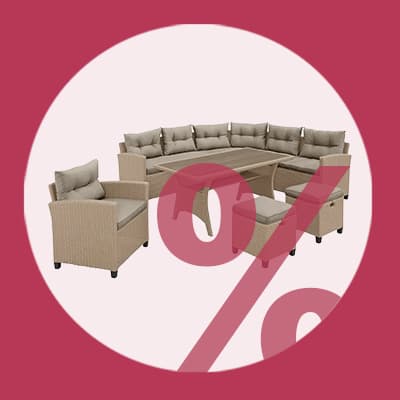 Große beige Gartenmöbel-Sitzgruppe mit Rabattzeichen