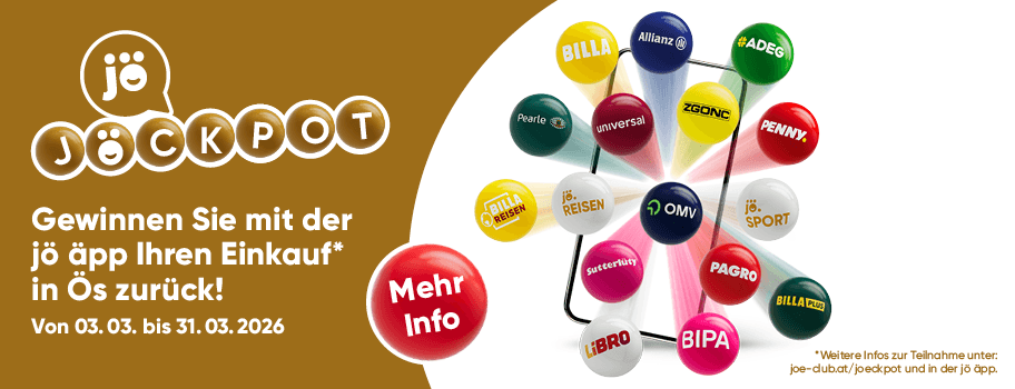 Gewinnen Sie mit der jö App Ihren Einkauf in Ös zurück! Von 03.03. bis 31.03.2026. Mehr Info – Verschiedene bunte Kugeln mit Markenlogos