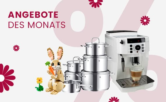 Angebote des Monats – LEGO-Hase, Kochtöpfe und Kaffeemaschine auf weißem Hintergrund mit Blumen und Prozentzeichen