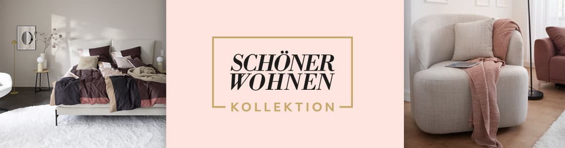 Schöner Wohnen Kollektion – Schlafzimmer mit gemütlichem Bett und Wohnzimmer mit beigem Sessel und rosa Decke.
