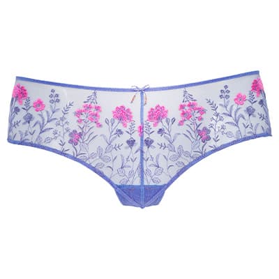 Unterhose mit blauer und pinker Blumenstickerei auf transparentem Stoff, Vorderansicht.