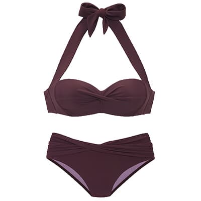 Dunkelrotes Bikini-Set mit Schleife am Nacken und gerafftem Oberteil und Unterteil.