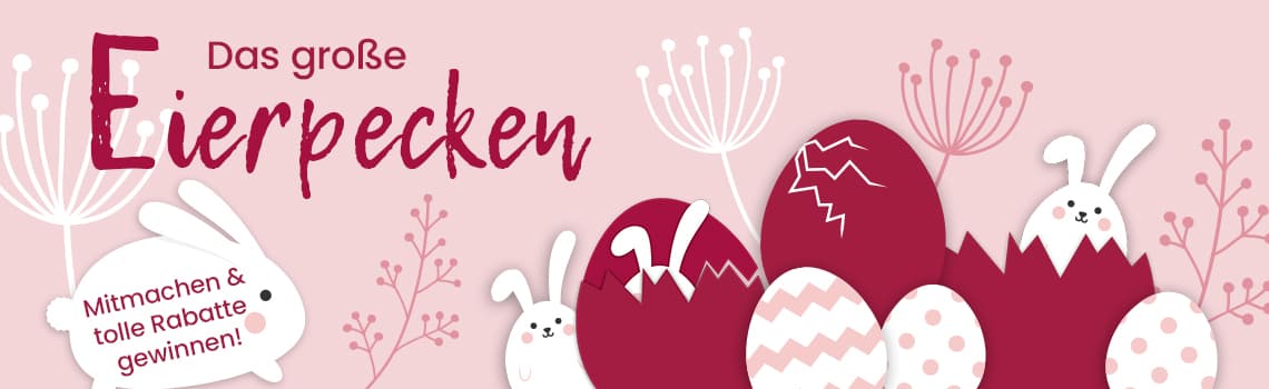 Das große Eierpecken – Mitmachen und tolle Rabatte gewinnen, bunte Ostereier und zwei Hasen zwischen Eiern