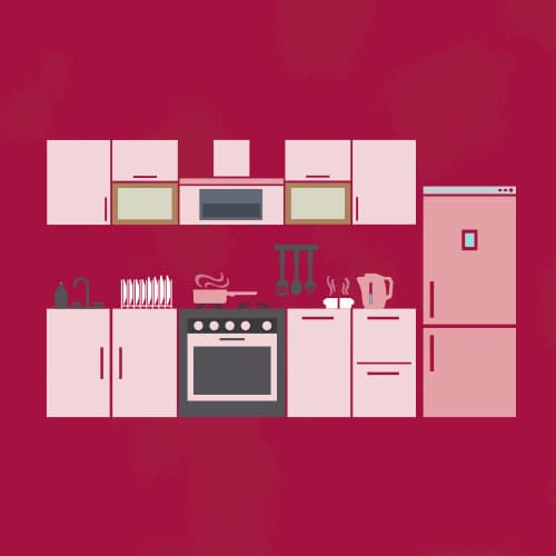 Moderne Küche mit Herd, Kühlschrank, Geschirr und Wasserkocher vor rotem Hintergrund