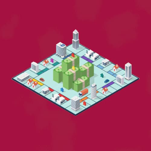 Illustration eines Spielfelds mit Gebäuden und Autos auf rotem Hintergrund.