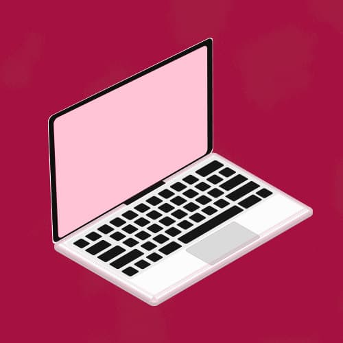 Illustration eines offenen Laptops mit rosa Bildschirm auf rotem Hintergrund