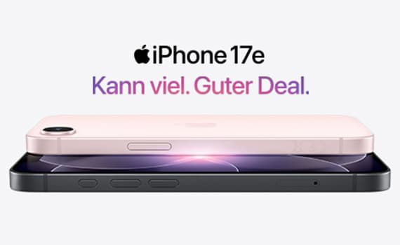 iPhone 17e – Kann viel. Guter Deal. Zwei iPhones übereinander, eines rosa, eines schwarz.