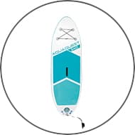 Aqua Quest Paddle Board in Weiß und Türkis, mit Fußleine und Griff.