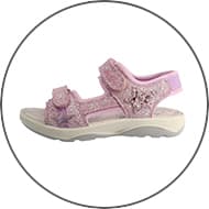 Rosa glitzernder Kindersandale mit Klettverschluss und Sternenmotiv auf weißem Hintergrund