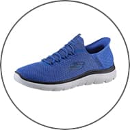 Blaue Sneaker mit weißer Sohle und elastischen Schnürsenkeln.