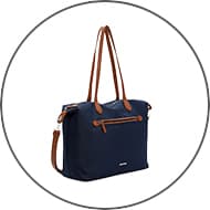 Dunkelblaue Handtasche mit braunen Trägern und Reißverschluss-Tasche vorne.