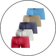 Fünf Boxershorts in verschiedenen Farben, nebeneinander angeordnet.
