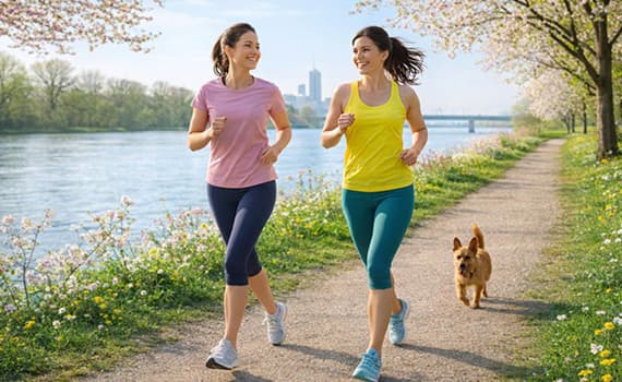 Zwei Frauen joggen auf einem Flussweg, begleitet von einem kleinen Hund.