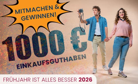 Mitmachen & gewinnen! 1000 € Einkaufsguthaben – Mann und Frau halten Hände. Frühjahr ist alles besser 2026.