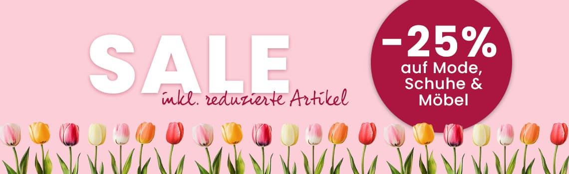 -25 % auf Mode, Schuhe und Möbel – SALE inkl. reduzierte Artikel vor rosa Hintergrund mit bunter Tulpenreihe