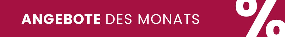 ANGEBOTE DES MONATS – Solange der Vorrat reicht! Text auf rotem Hintergrund mit weißen Prozentzeichen