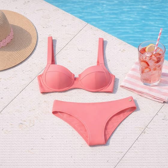 Rosa Bikini auf Poolrand, daneben Sonnenhut sowie Glas mit Erdbeergetränk und gestreiftem Handtuch