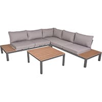 Eckige Gartenlounge mit grauen Polstern, zwei seitlichen Ablagen und passendem quadratischen Tisch