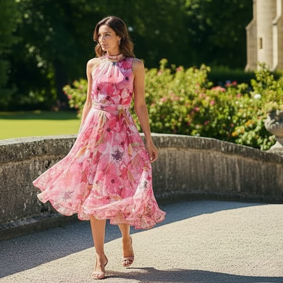 Frau in knöchellangem, rosafarbenem Blumenkleid geht auf einem Weg im Garten entlang