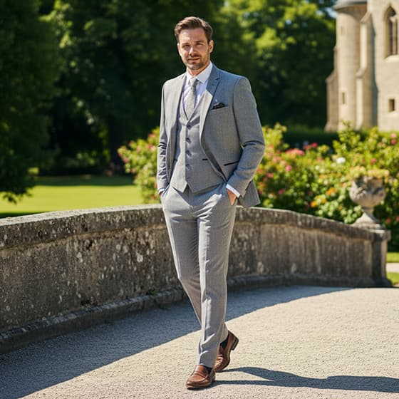 Mann im hellen Anzug geht mit Händen in den Taschen über eine Steinbrücke vor Garten und historischem Gebäude