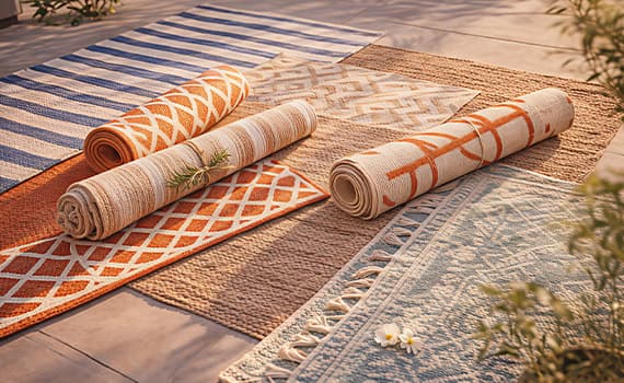 Mehrere gemusterte Outdoor-Teppiche, teils ausgerollt, liegen nebeneinander auf einer Terrasse im Sonnenlicht