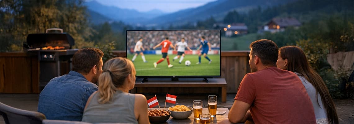 Vier Personen schauen abends auf der Terrasse Fußball im TV, davor Snacks, Getränke und kleine rot-weiß-rote Fahnen