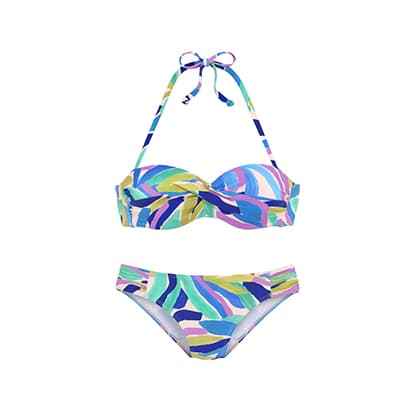 Bikini mit bunt gemustertem Oberteil zum Binden im Nacken und passender Bikinihose in Blau, Grün, Gelb und Rosa