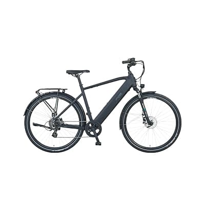 Dunkles Herren-E-Bike in Seitenansicht mit Gepäckträger, Federgabel und Scheibenbremsen vor weißem Hintergrund