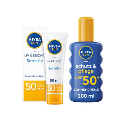 Nivea Sun Sensitiv UV Gesicht LSF 50 und Nivea Sun Schutz & Pflege Sonnencreme LSF 50+ nebeneinander vor weißem Hintergrund
