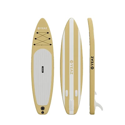 Beiges Stand Up Paddle Board von vorn, hinten und seitlich mit Trageschlaufe, rutschfester Fläche und Gepäckgummis