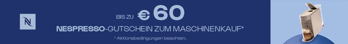 Bis zu 60 € Nespresso-Gutschein zum Maschinenkauf – helle Nespresso-Maschine brüht einen Kaffee auf blauem Hintergrund