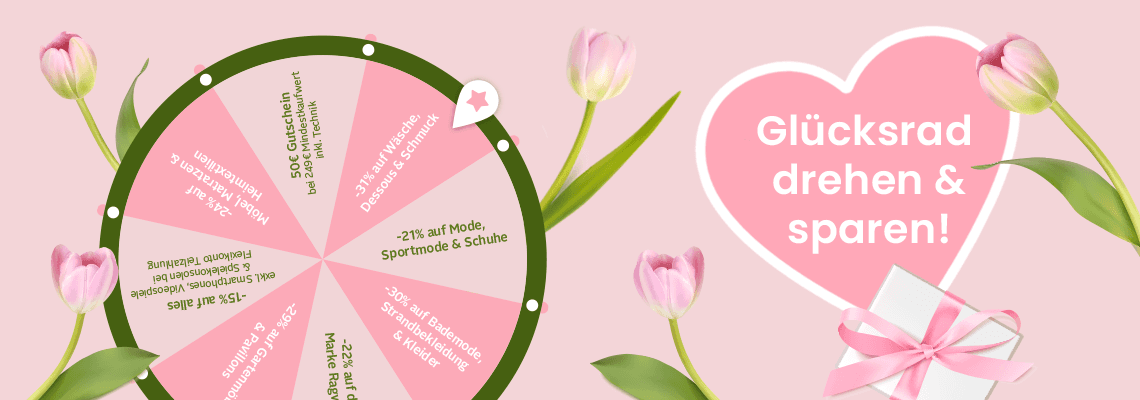 Glücksrad drehen & sparen – rosa Glücksrad mit Rabattfeldern, Tulpen und Geschenk mit Schleife
