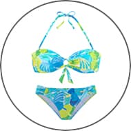 Bikini mit tropischem Blattmuster in Blau und Grün, bestehend aus Bandeau-Oberteil und passendem Slip