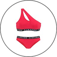 Pinkes Bikini-Set mit asymmetrischem Träger und schwarzem Bund mit weißem Schriftzug