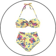 Zweiteiliger gelber Bikini mit Blumenmuster, Bügel-Top zum Binden und hoch geschnittener Bikinihose