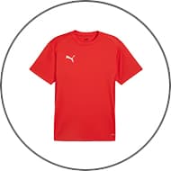 Rotes Puma T-Shirt mit kleinem Puma-Logo auf der linken Brust, frontal vor weißem Hintergrund angezeigt