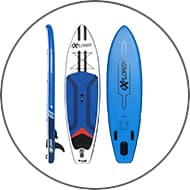 Blaues Stand-Up-Paddle-Board-Set mit Seitenansicht, Oberseite mit Tragegriff und Unterseite mit Finnen