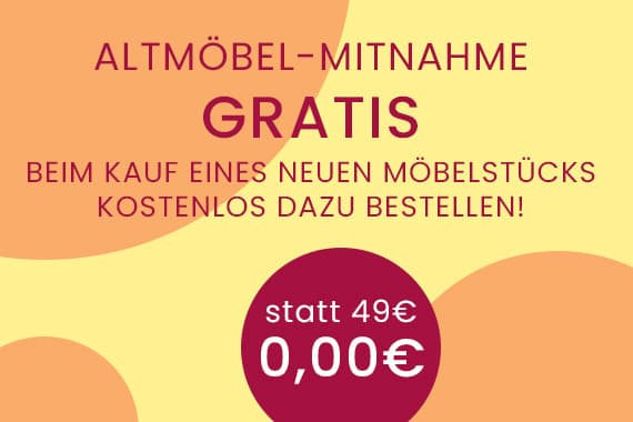 Altmöbel-Mitnahme gratis – statt 49€ 0,00€ – Aktion auf gelb-orangefarbenem Hintergrund mit Kreisen