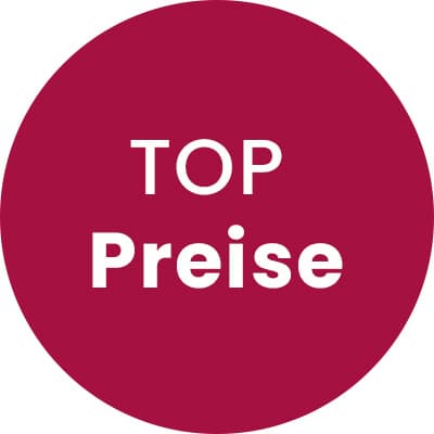 TOP Preise in weißer Schrift auf rundem bordeauxrotem Hintergrund