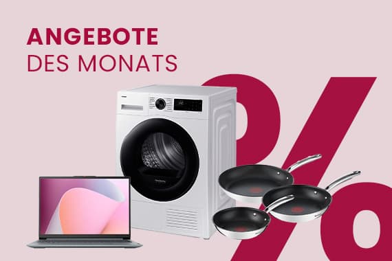 Angebote des Monats – Waschmaschine, Laptop und drei Pfannen vor großem Prozentzeichen