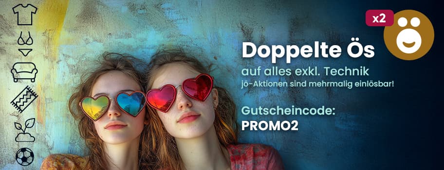 Doppelte Ös auf alles exkl. Technik – Gutscheincode PROMO2 vor zwei Personen mit buntem Hintergrund