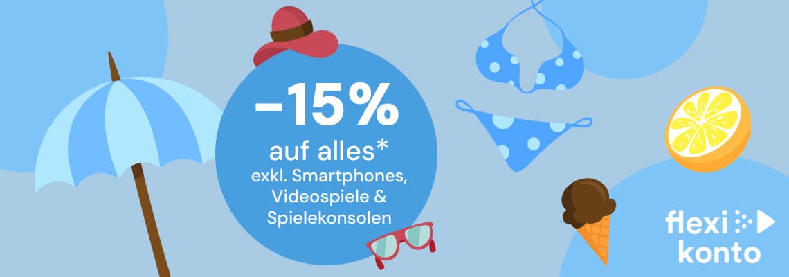 -15 % auf alles, exkl. Smartphones, Videospiele und Konsolen – sommerliche Grafik mit Schirm, Bikini, Eis und Zitrone