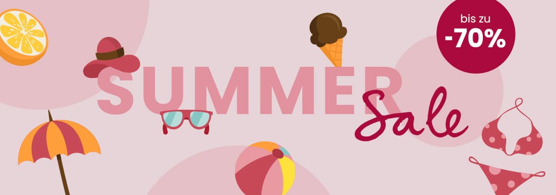 Bis zu 70 % – Summer Sale mit Sonnenhut, Brille, Eis, Strandball, Sonnenschirm und Bikini Illustrationen