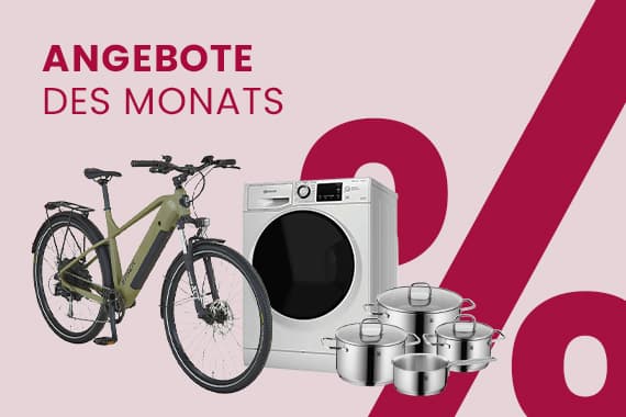 Angebote des Monats – E-Bike, Waschmaschine und Topfset vor großem Prozentzeichen
