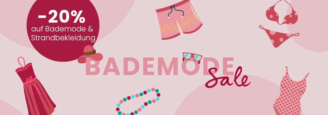 -20 % auf Bademode und Strandbekleidung – Illustration mit Kleid, Bikini, Badeanzug, Shorts, Sonnenhut und Kette
