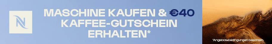 Maschine kaufen und 40 € Kaffee-Gutschein erhalten – Nespresso Logo links, rechts Nahaufnahme von Kaffeepulver