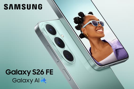 Samsung Galaxy S26 FE Galaxy AI – Smartphone mit lächelnder Frau in Sonnenbrille auf dem Display vor mintgrünem Hintergrund