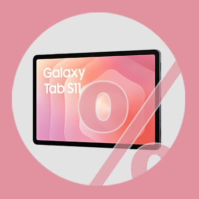 Galaxy Tab S11 – Tablet mit rosa Display vor großem Prozentzeichen auf rosa Hintergrund